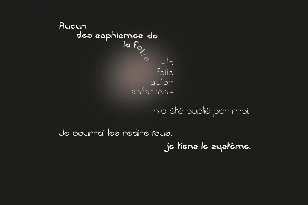 Page intérieure du livre 'Alchimie du Verbe' avec un fond noir et un texte disposé de manière circulaire et en spirale, mettant en avant un extrait poétique de Rimbaud.