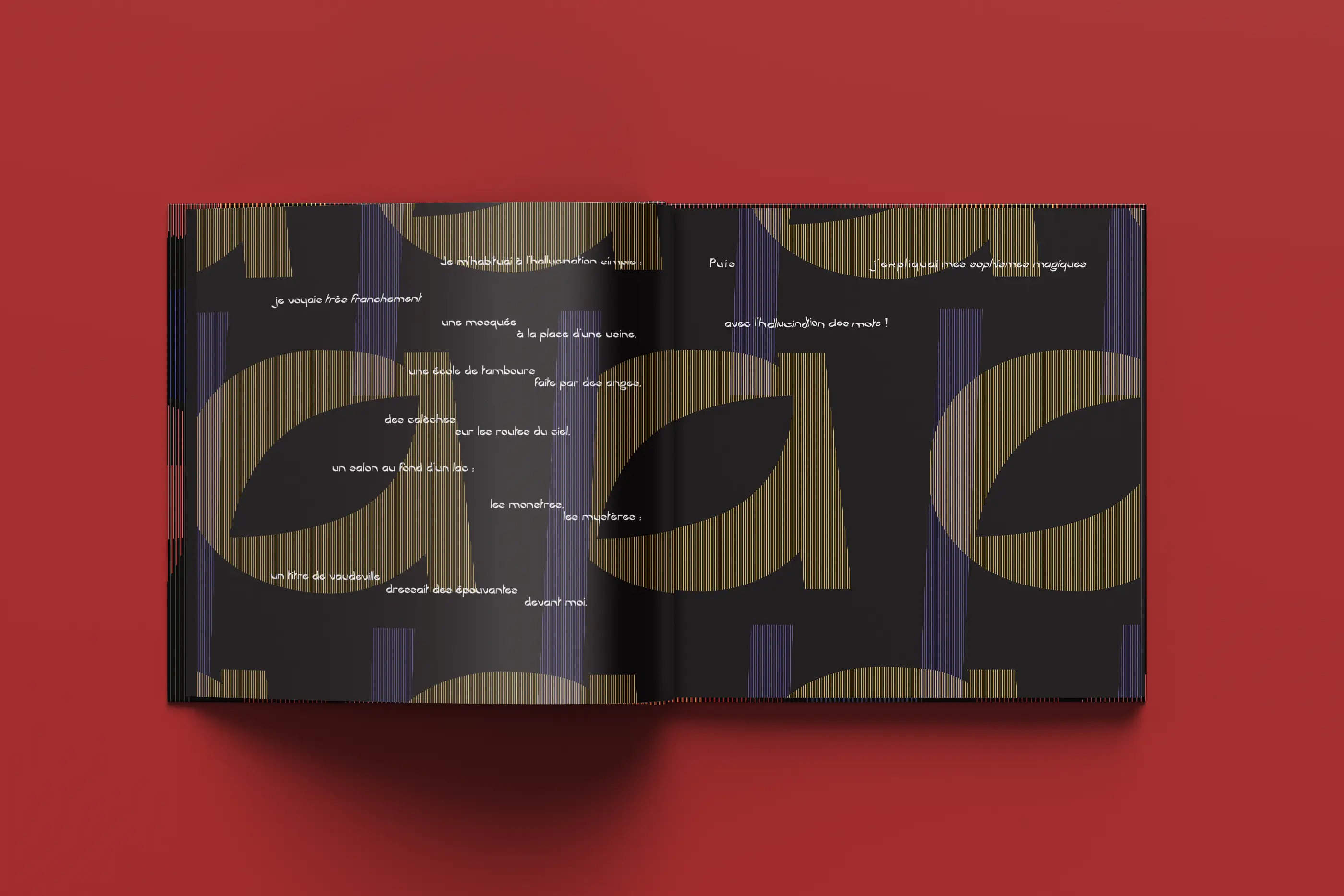 Double page of the book displaying an artistic layout with large geometric patterns in the background and white poetic text creatively aligned on a red background.