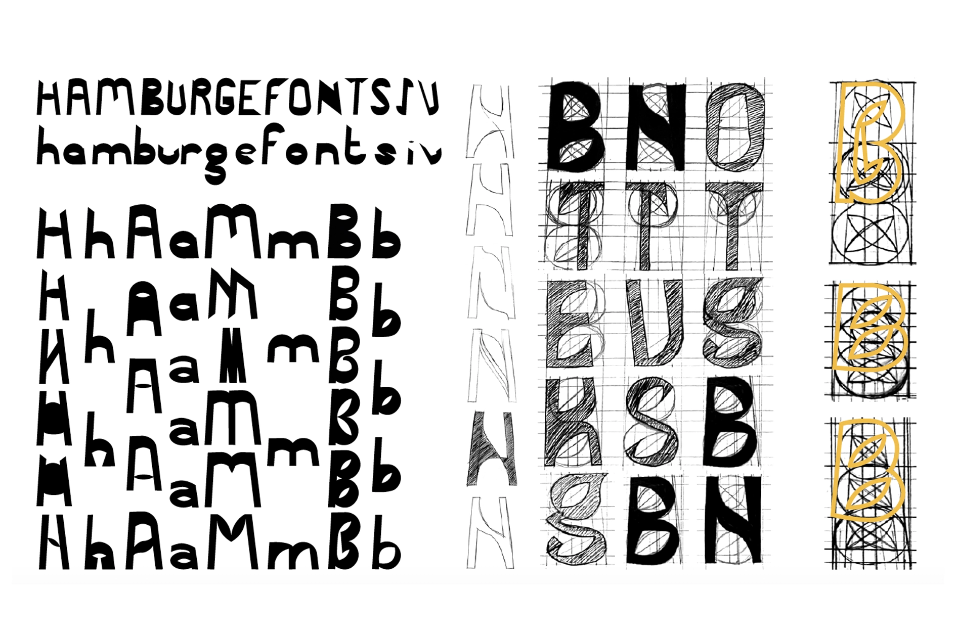 Variations typographiques montrant le même texte dans différentes polices et tailles, avec des dessins esquissés et des grilles de construction en arrière-plan.