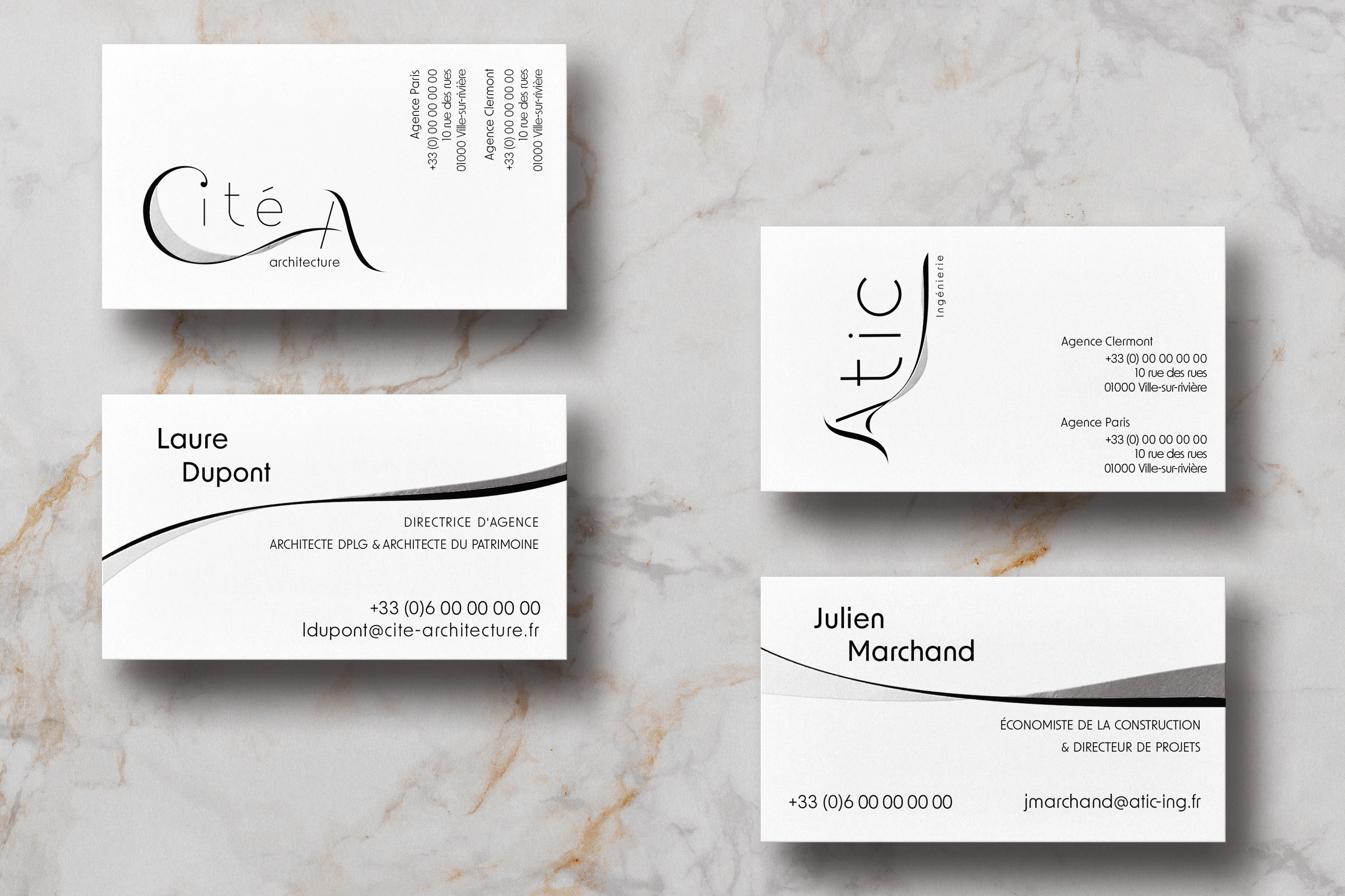  Business cards for Cité A and Atic with clean designs, fluid curves, and harmonized typography, reflecting the unified visual identity of the companies.