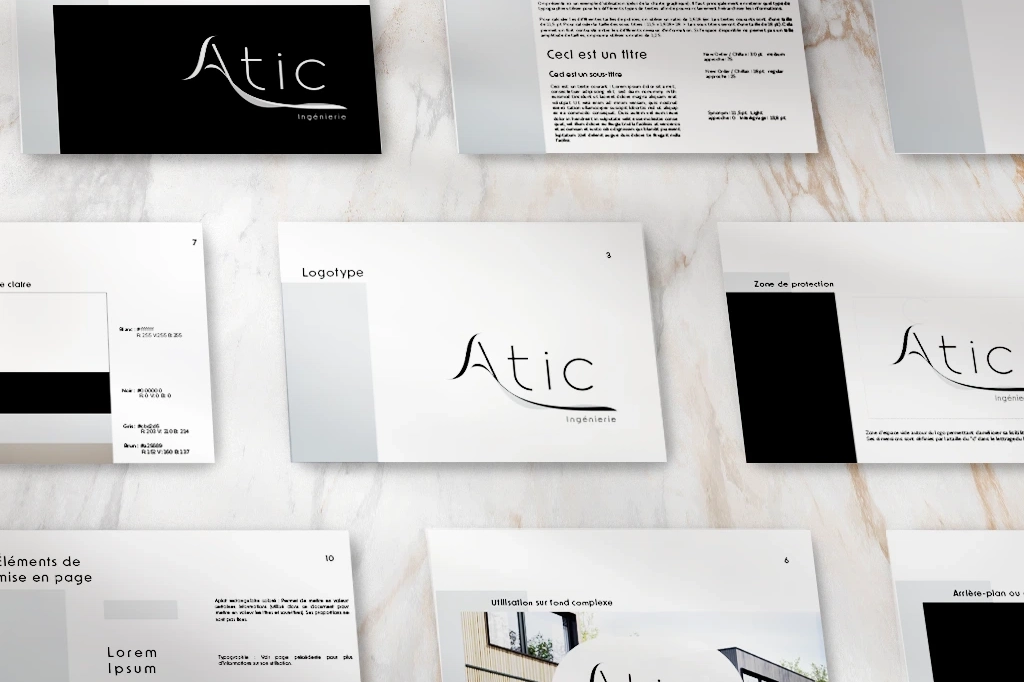  Extraits de la charte graphique d'Atic, montrant le logo, les couleurs et les éléments graphiques utilisés pour le rebranding.