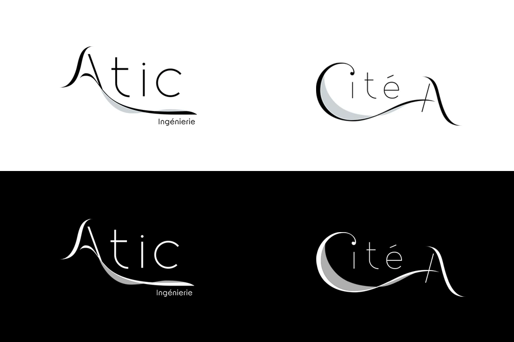 Logos for Ubique, Atic, and Cité A with similar graphic elements, including fluid curves and harmonized typography.