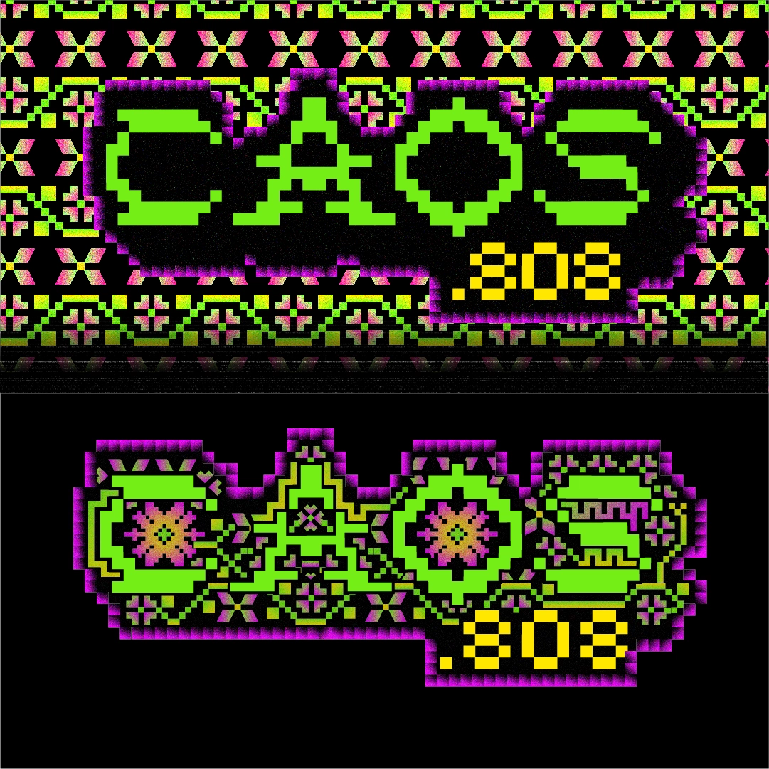 Pixelated CAOS.808 logo with neon green and yellow on a black background, incorporating geometric motifs.