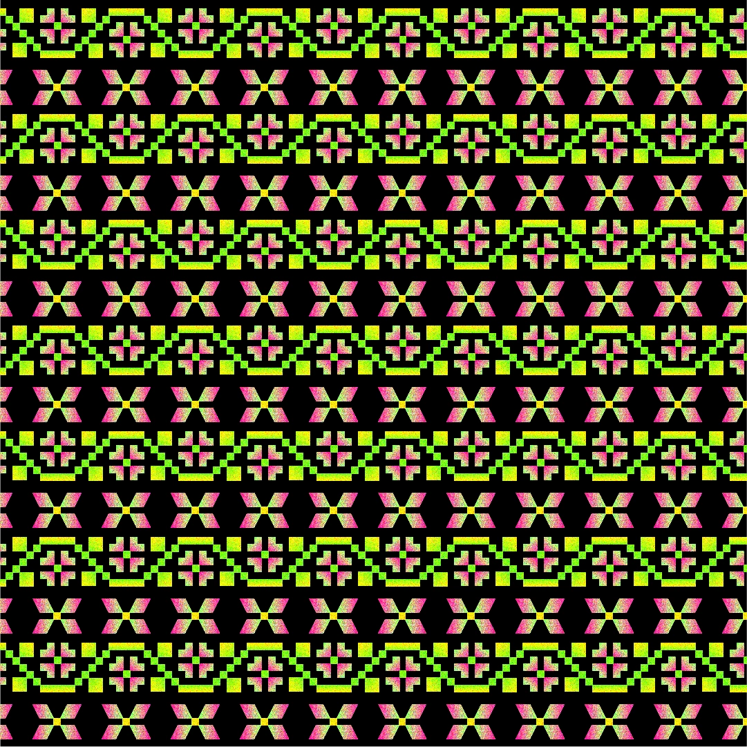 Repetitive neon green and pink pixelated pattern used in the CAOS.808 logo design.