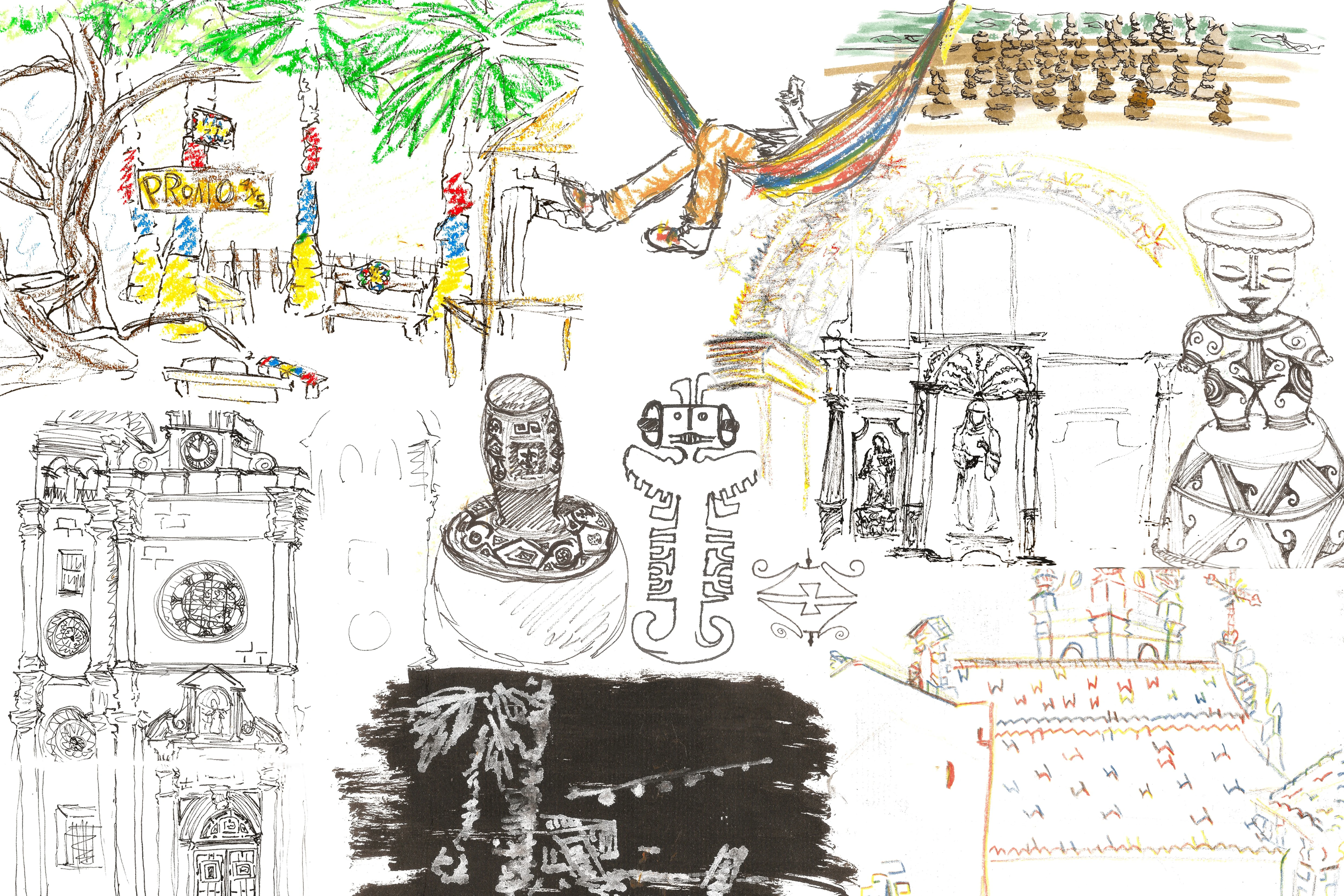  Drawings of scenes in Colombia, capturing local memories and inspirations.