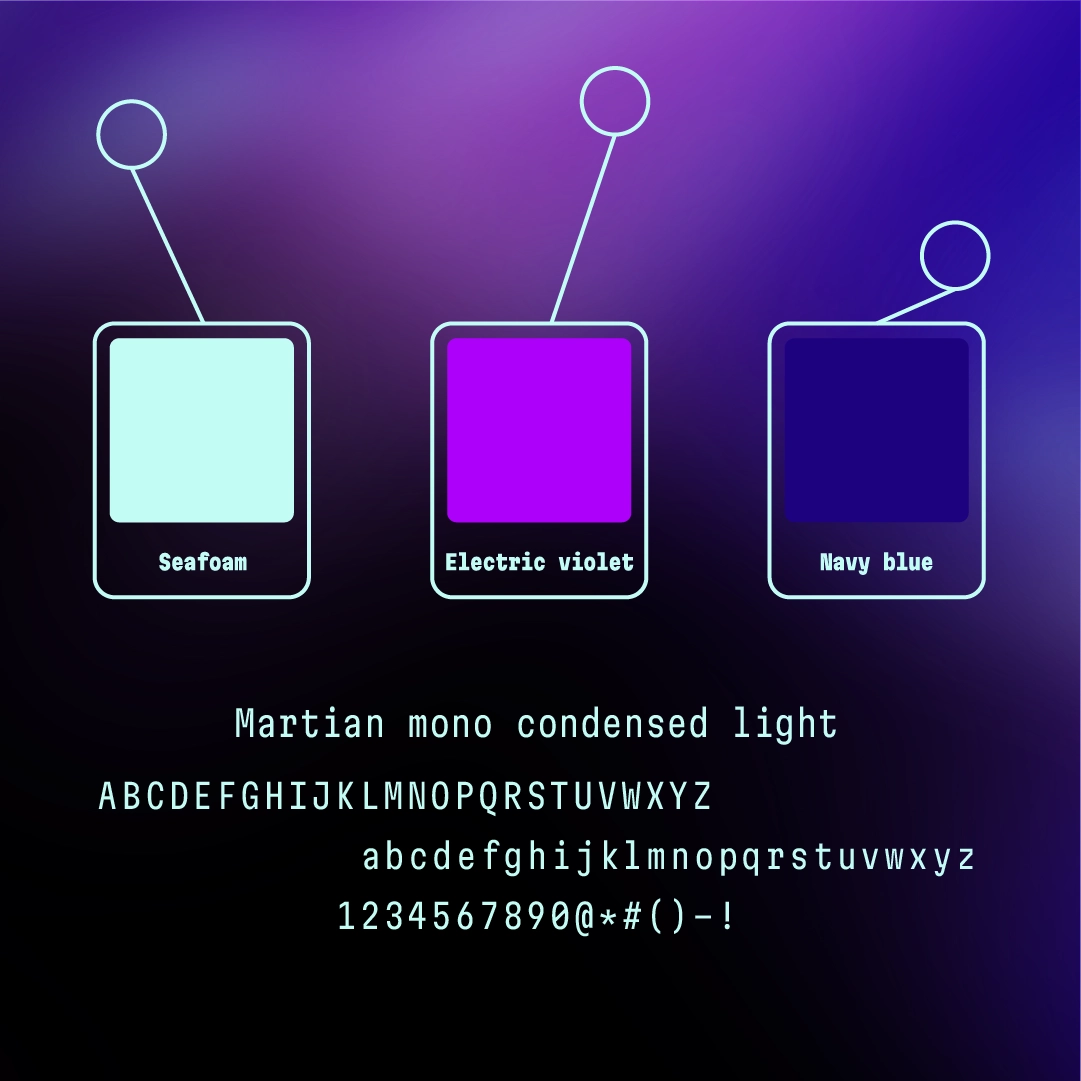  Palette de couleurs pour Dyketopia avec Seafoam, Electric Violet, et Navy Blue, accompagnée de la typographie Martian Mono Condensed Light.