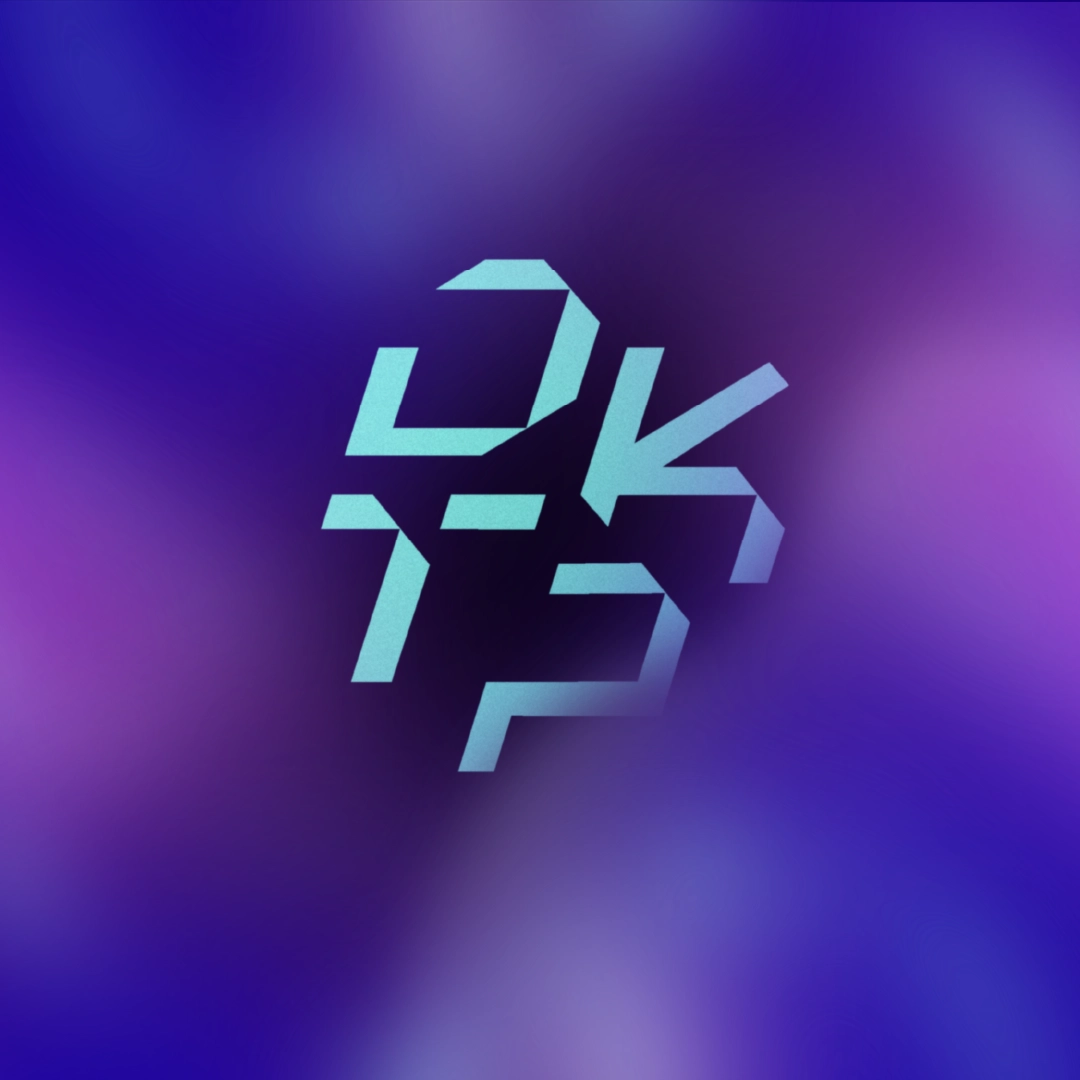 Dyketopia icon on a violet background, using geometric shapes and futuristic typography.