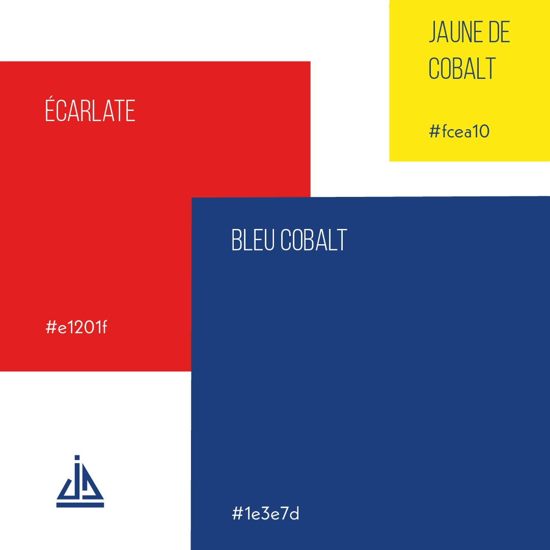 Palette de couleurs JD Système : écarlate, bleu cobalt et jaune de cobalt.