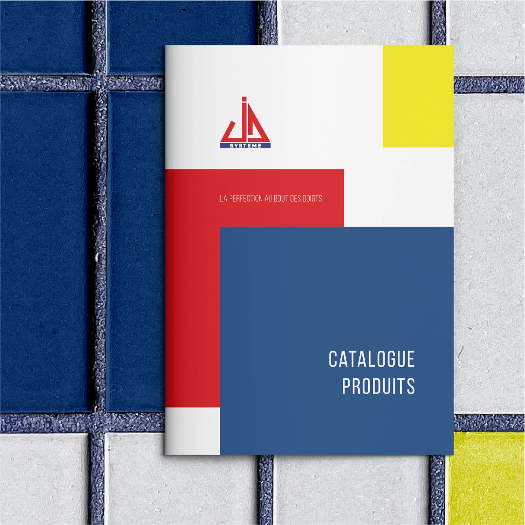  Couverture du catalogue produit de JD Système, avec des blocs de couleurs et le logo de l'entreprise