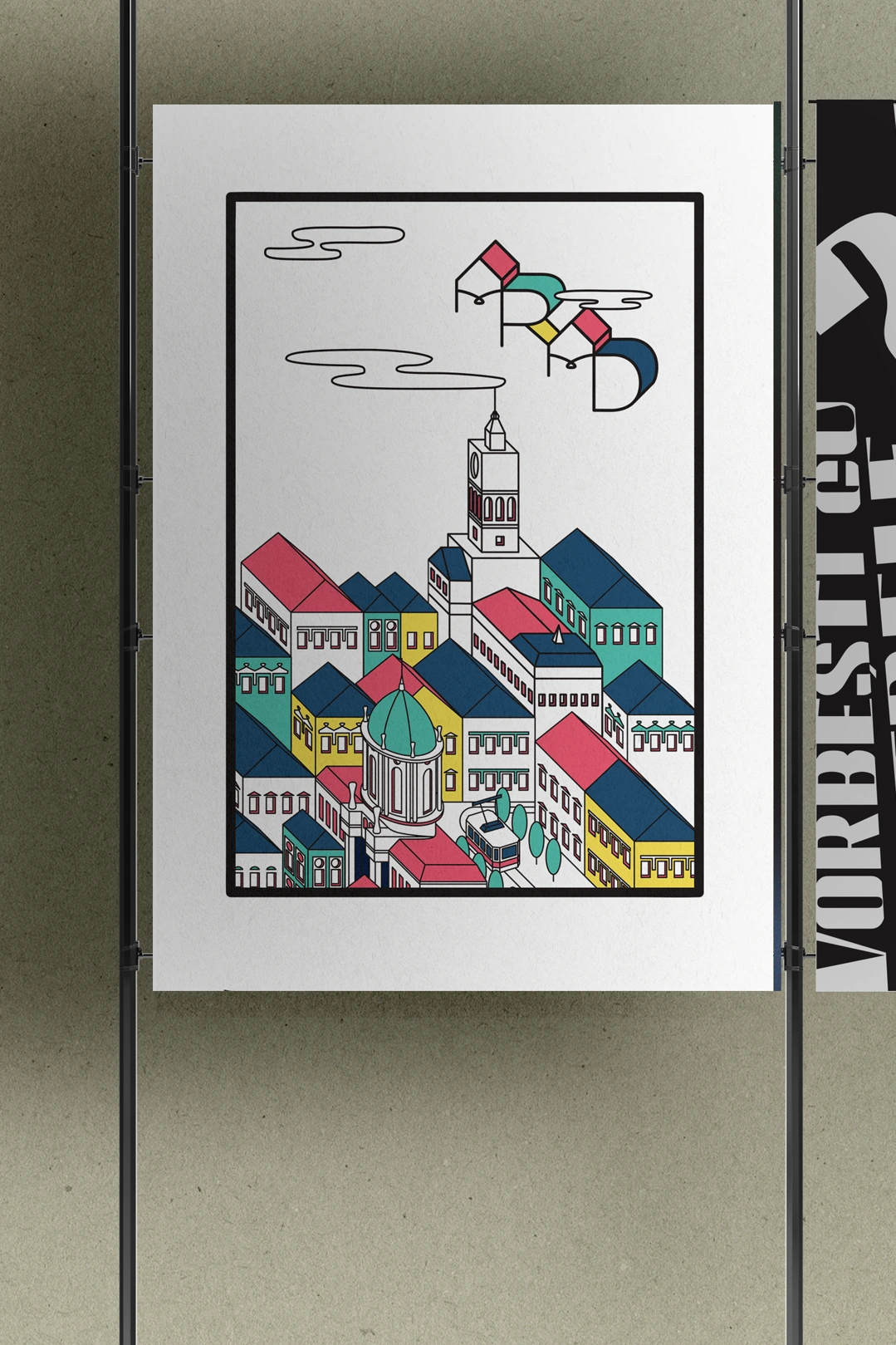 Poster depicting a city with colorful houses and a church, inspired by European architecture.