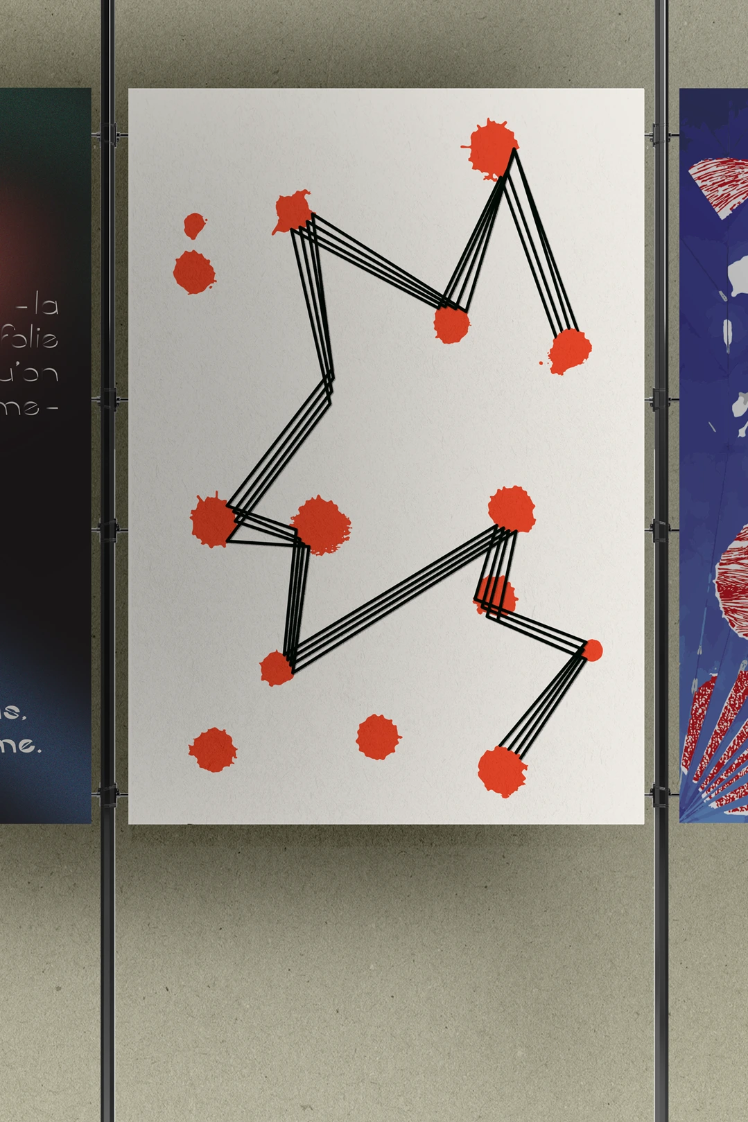 Abstract poster with red dots and black lines forming a star, using modern graphic techniques.