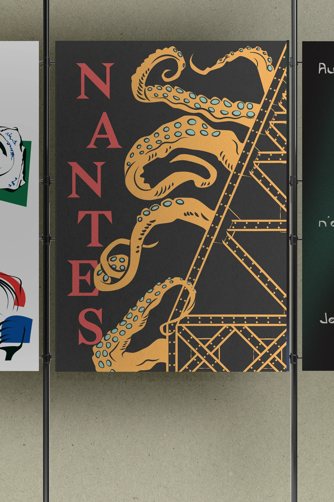 Poster de Nantes avec un motif de pieuvre dorée et des lettres rouges, inspiré par l'univeers de Jules Verne'.