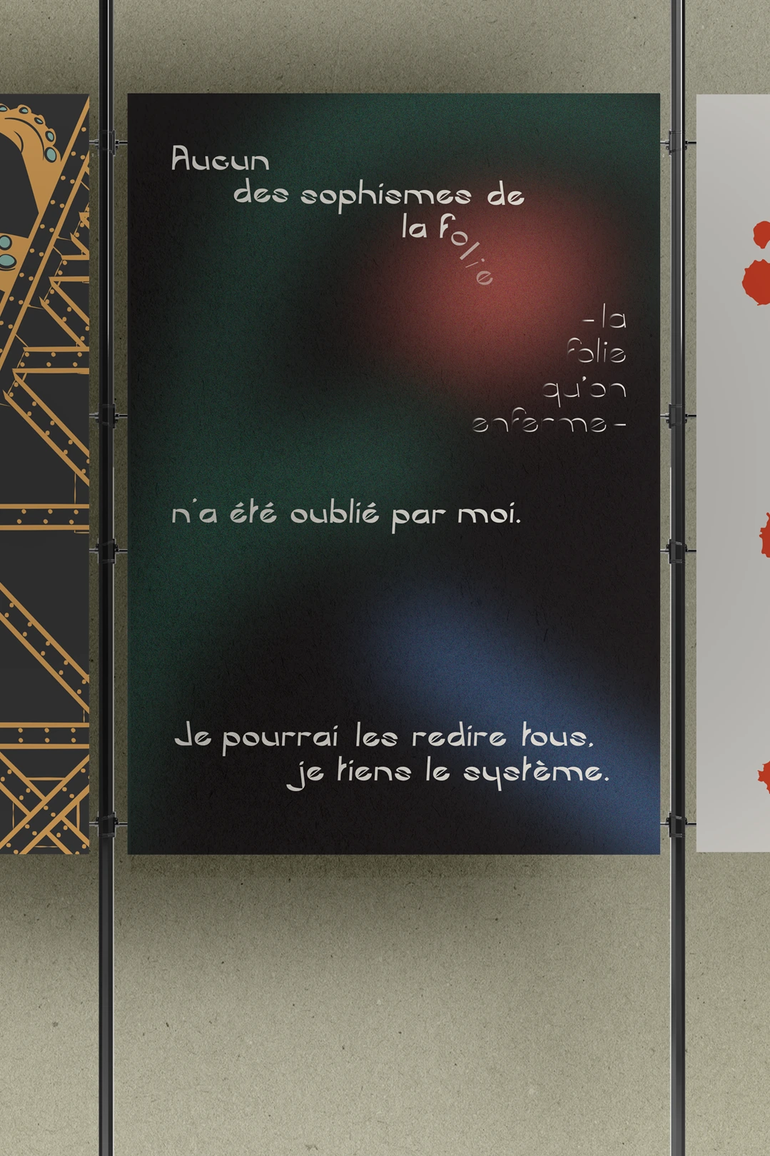 Poster with a quote from Rimbaud in stylized text, reflecting poetry and emotional depth.